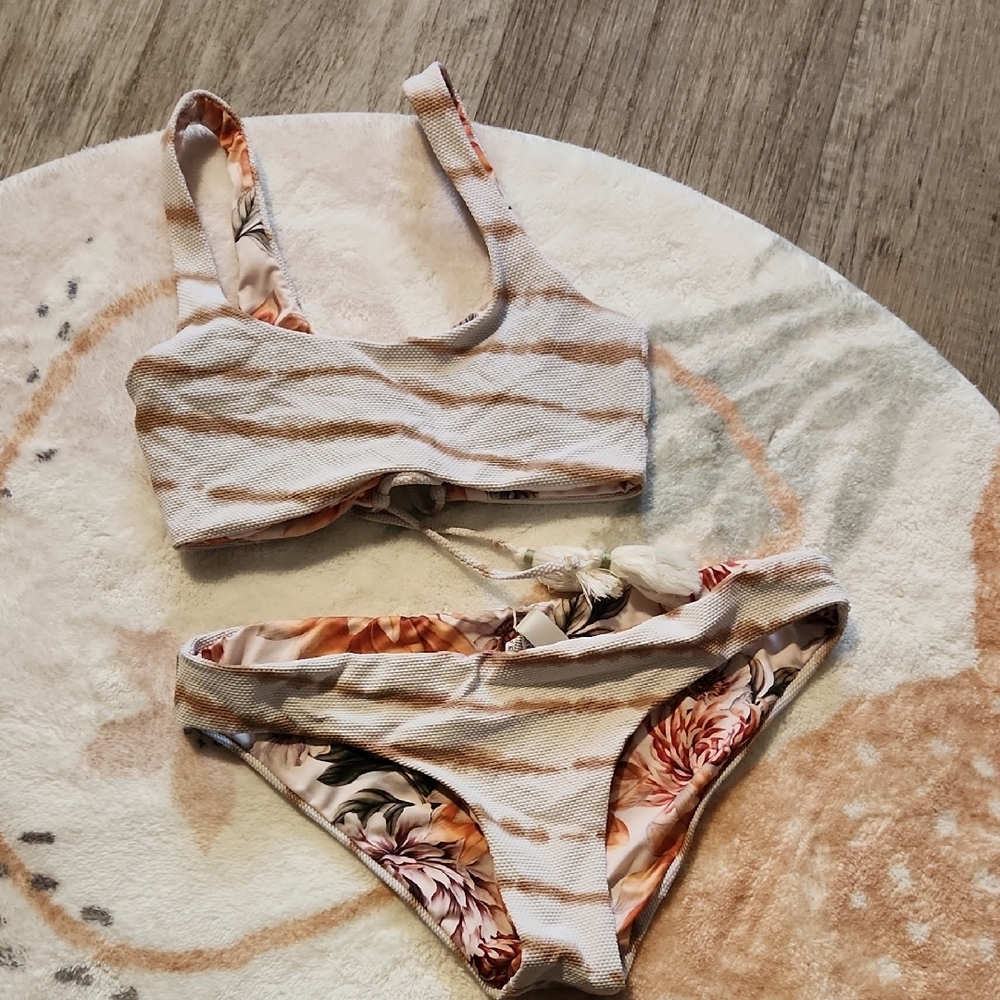 Maaji Women's Reversible Bikini Set in Beige and Floral Peach